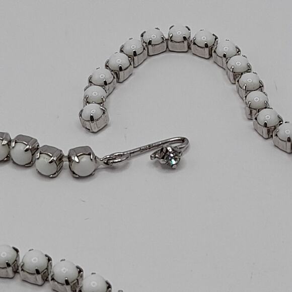 Vintage Milk Glass & Rhinestone Tassel Choker Necklace 15 Inch Rhodium - Picture 6 of 10
